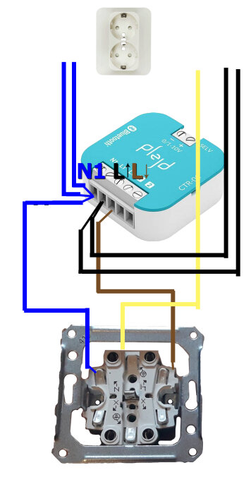 Wiring diagram of a Plejd CTR-01 device connected to a double wall socket and a switch.