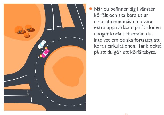 Illustration av fordon i en cirkulationsplats som visar rätt filanvändning och körfältsbyte.