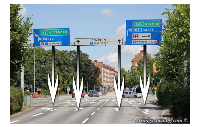 Trafikskyltar över vägbanor som visar vägbeskrivning till Göteborg, centrum och Kalmar vid klart väder.