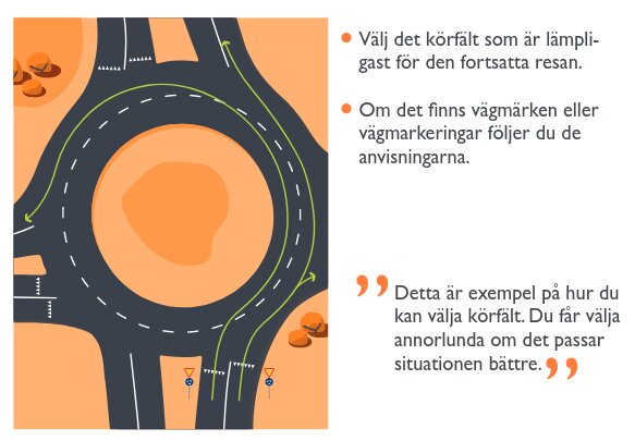 Illustration av hur man väljer körfält i cirkulationsplats med vägmarkeringar och anvisningar.