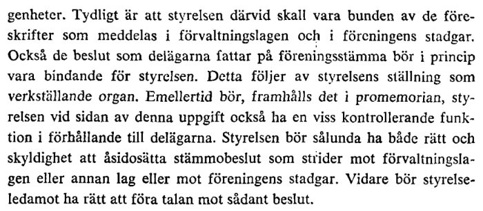 Utdrag ur proposition 1973:160 som beskriver styrelsens ansvar att bortse från stämmobeslut som strider mot förvaltningslagen, föreningens stadgar eller annan lag.