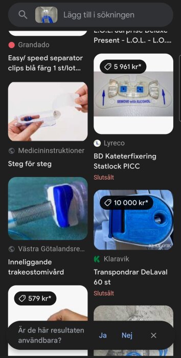 Bildsökresultat med olika medicinska produkter, inklusive BD Kateterfixering Statlock PICC och inlägg om trakeostomivård och transpondrar DeLaval.