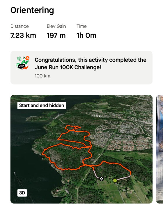 Bilden visar en sammanfattning av en orienteringstur på 7,23 km med en höjdökning på 197 m och en tid på 1 timme. En karta med spåret är markerat i orange.