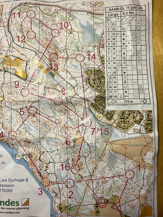 Orienteringskarta märkt "SAAB-OL 11 juni -24" med en 6 km lång bana. Kartan visar kontrollpunkter med siffror, höjdkurvor och stora vattenytor i terrängen.