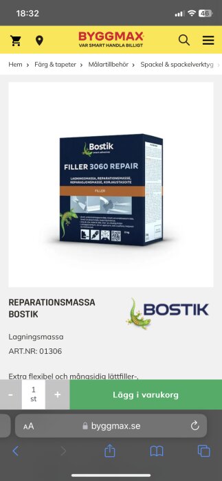 Bild på förpackning av Bostik Filler 3060 Repair lagningmassa på Byggmax webbplats, med knappen "Lägg i varukorg" och prisinformation.