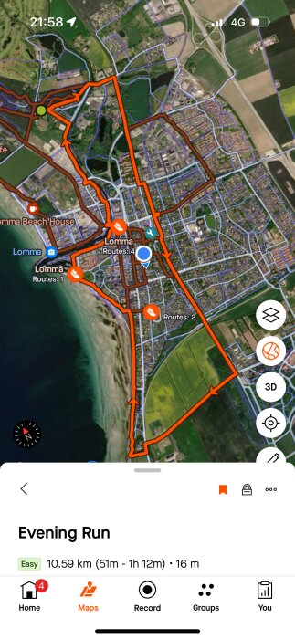 Karta från en löpningsapp som visar en kvällsrunda i Lomma. Rundan är 10,59 km lång, tar mellan 51 minuter och 1 timme 12 minuter, och har en höjdskillnad på 16 meter.