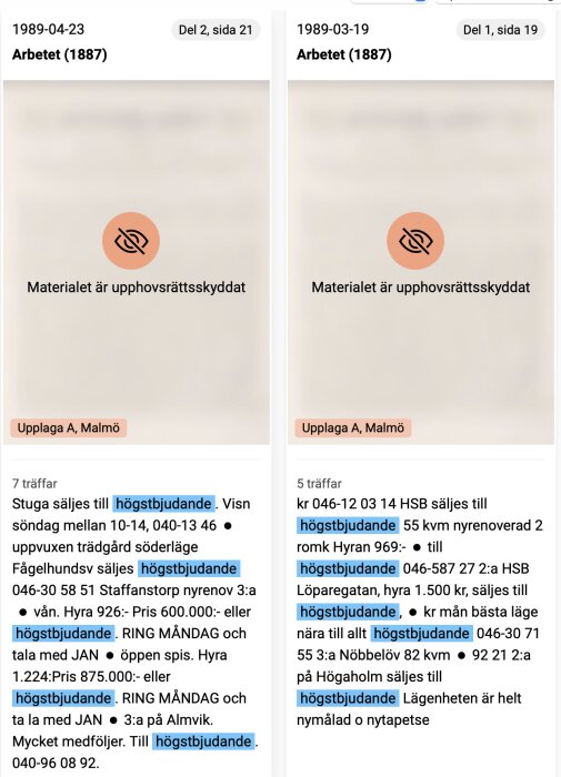 Skärmbild från KBs söktjänst som visar två resultat från tidningen Arbetet (1987), med fastighetsannonser märkta "högstbjudande".