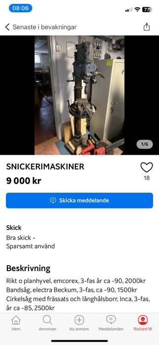 Arboga pelarborrmaskin i bra skick för 1500 kr, listad under snickerimaskiner.