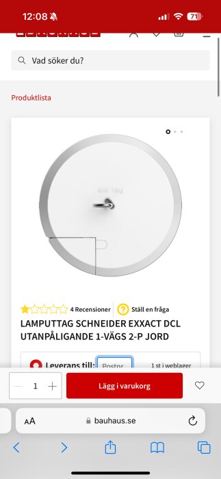 Lampsockel Schneider Exxact DCL utanpåliggande 1-vägs 2-polig jord med maxvikt 15 kg, produktbild från Bauhaus webbutik.