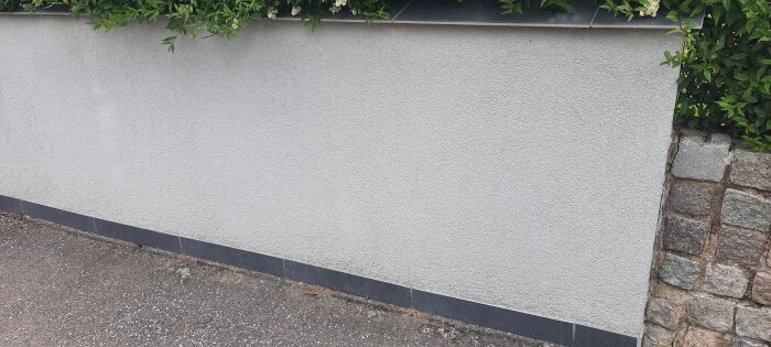 Mur med del av stenkant i betong som fallit av vid sidan; gröna buskar ovanpå muren.