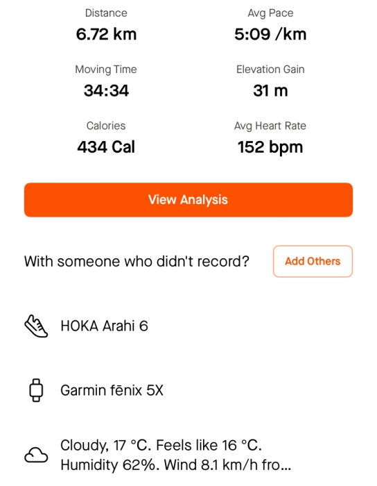 Träningsresultat från en löprunda på 6,72 km med en medelhastighet på 5:09 min/km, 434 kalorier förbrända och en snittpuls på 152 bpm, inspelad med Garmin Fenix 5X.