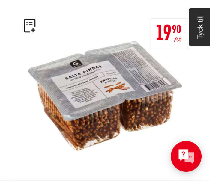 Två förpackningar salta pinnar med etiketten "Smakrika med brown saltflingor", pris 19,90 SEK, på en vit bakgrund.