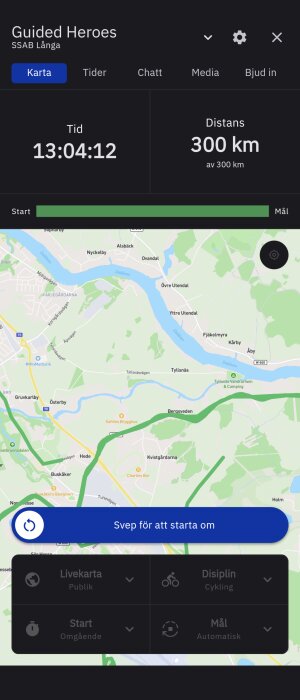 Guided Heroes app visar karta över ett cyklingslopp på 300 km, med tidtagning på 13:04:12 och en sträcka på 300 km av 300 km. Kartvy med start och målinformation.