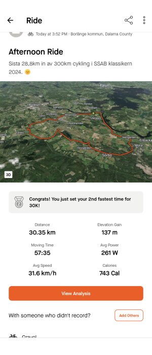 En karta över en cykelrutt på 30,35 km i Borlänge kommun med detaljer om cykelturen: 57 minuter 35 sekunder, 31,6 km/h i snittfart, 137 m höjdstigning, 743 kalorier.