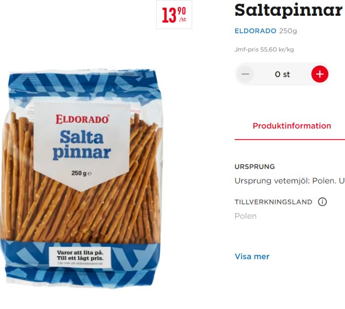 Förpackning av Eldorado Salta pinnar på 250g, pris 13,90 kr/st, med märkning om ursprung och tillverkningsland Polen.