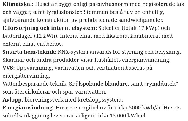 Textbeskrivning av tekniska system och lösningar för ett off grid-hus, inklusive klimat, elförsörjning, smarta hem-teknik, VVS, vattenbesparing, avlopp och energianvändning.