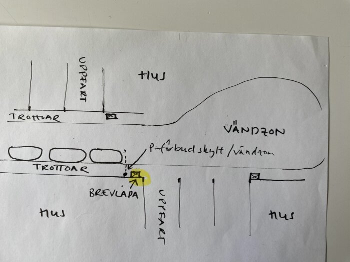 Handritad karta med trottoarer, uppfarter och vändzon. Kartan visar placeringen av en brevlåda och en p-förbudsskylt/vändzon.