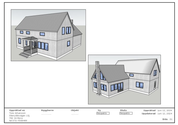 Arkitektens 3D-modell av ett tvåvåningshus med sadeltak och flera fönster, skapad i perspektivvy och daterad juni 12, 2024.