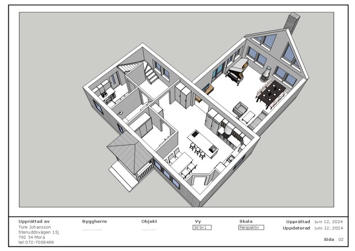 3D-modell av en husplan med kök, matsal, vardagsrum, flera rum, trappa och ingång. Text visar att modellen är uppdaterad den 12 juni 2024.