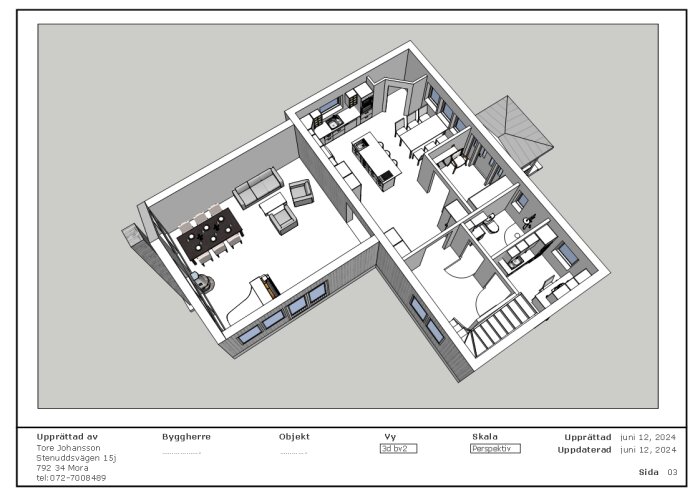 3D-modell av en byggnad planerad av Tore Johansson, visande olika rum inklusive kök, vardagsrum och sovrum. Tegn. 3D perspektiv, sida 03.