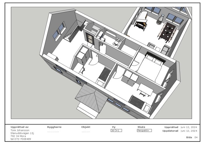 3D-modellvy av ett hus med flera rum, inklusive sovrum, badrum, kök, och vardagsrum. Visar rumsindelning och möblering. Upprättad av Tore Johansson.