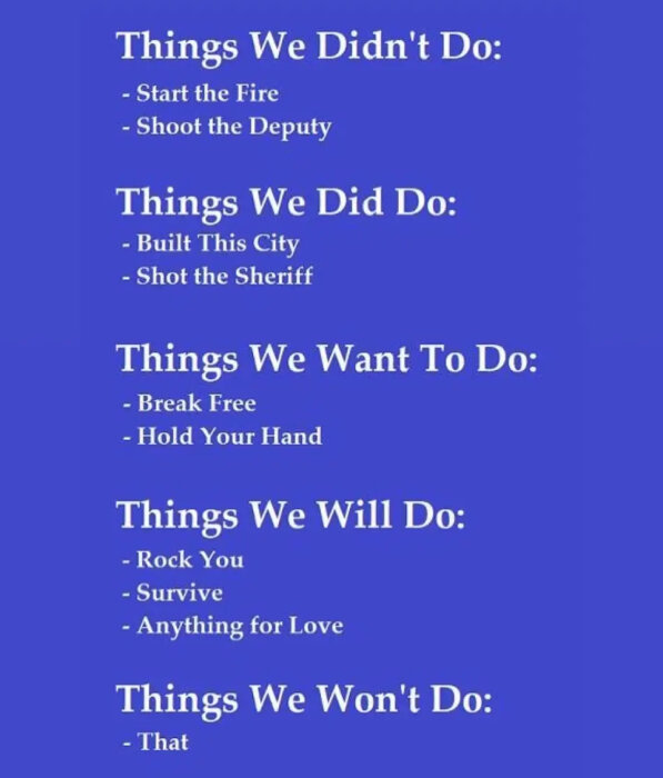 Blå bakgrund med vit text, uppdelad i rubriker och listor; "Things We Didn't Do", "Things We Did Do", "Things We Want To Do", "Things We Will Do" och "Things We Won't Do".