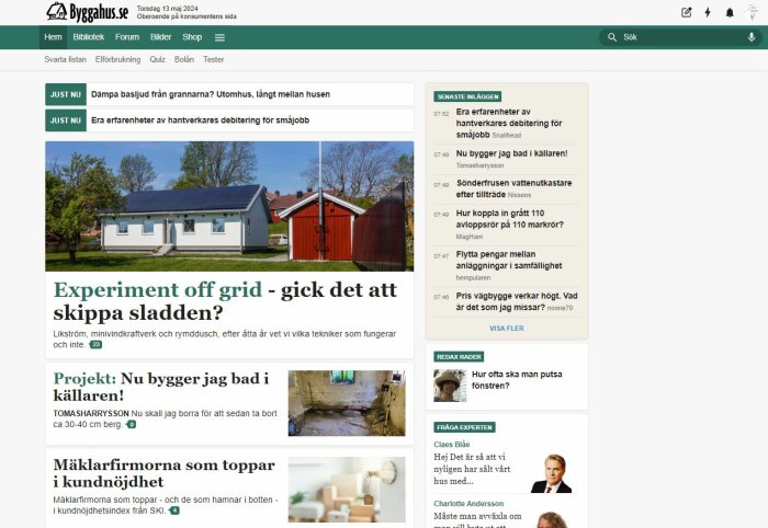 Hemsida för Byggahus.se på en datorskärm, med olika artiklar, inlägg och en nyhetssektion synlig. Nytt utseende med borttagen vänsterpanel för snabb åtkomst.