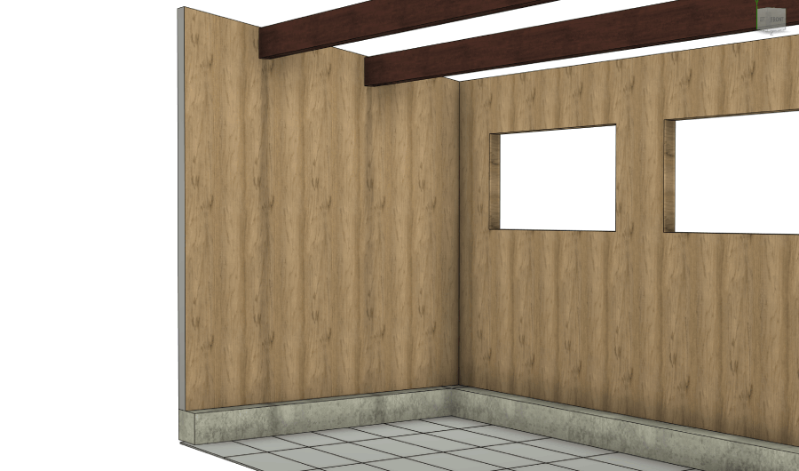 3D-illustration av ett rum med träväggar, takbjälkar och två fönsteröppningar. Golvet är täckt med vitgrå kakel.