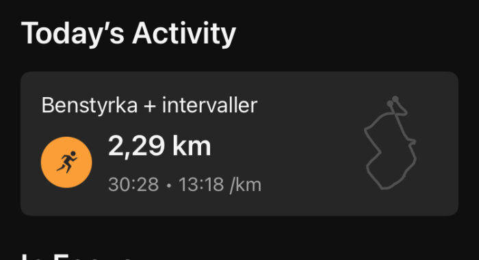 Dagens aktivitet visar benstyrka och intervaller med en distans på 2,29 km, en tid på 30:28 minuter och en genomsnittlig hastighet på 13:18 min/km.