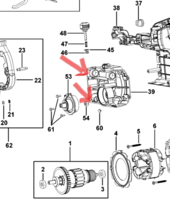 Ritning av Dewalt DWS774 såg med fokus på delar numrerade 53 och 54, markerade med två röda pilar, som pekar mot bussningarna.