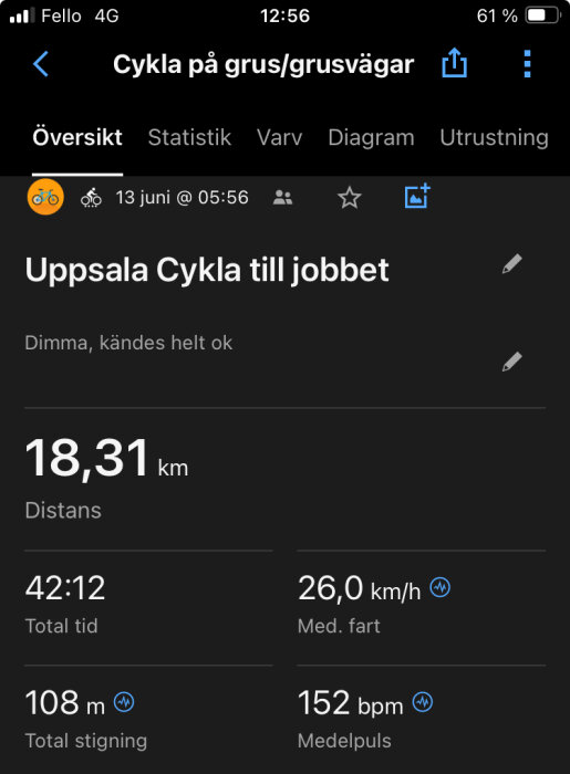 Skärmdump som visar cykeldetaljer: distans 18,31 km, total tid 42:12, medelfart 26,0 km/h, total stigning 108 m, medelpuls 152 bpm, datum 13 juni, 05:56.