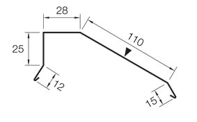 Schema över vinklad vindskiveplåt med måttangivelser där måtten på sidor och vinklar specificeras.