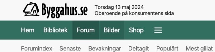 Headern på Byggahus.se forum, med datumet torsdag 13 maj 2024, och menyflikar för Hem, Bibliotek, Forum, Bilder, Shop.