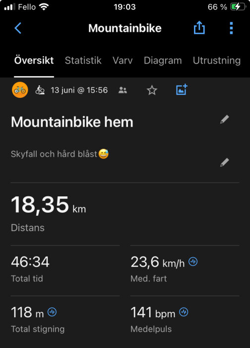 Skärmdump av en cykeltur på 18,35 km, varaktighet 46:34 min, medelhastighet 23,6 km/h, total stigning 118 m, medelpuls 141 bpm, rubricerad "Mountainbike hem".