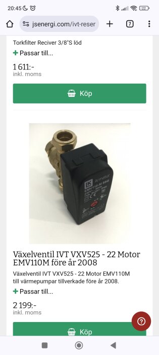 Produktbild av växelventil IVT VXV525 - 22 Motor EMV110M med priset 2 199 kr inkl. moms och köpknapp på JS Energi hemsida.