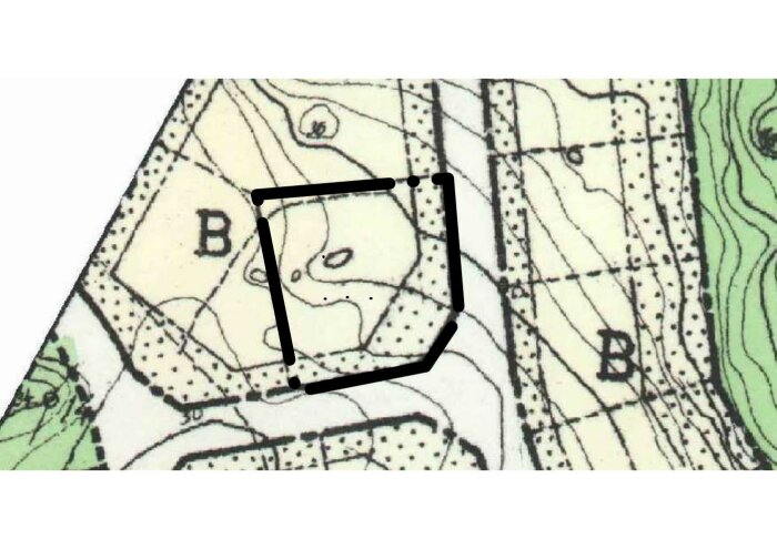 Tomtkarta över ett område med markerade byggnader och gränser. En fastighet är markerad med en svart ritad form som representerar den prickade marken.