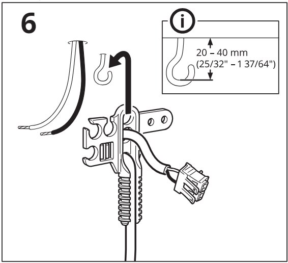 Illustration som visar steg för montering av kabel med klämma, med hakens vinkel och måttangivelser 20-40 mm (25/32"-1 37/64").