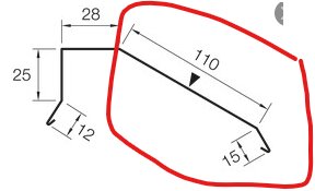 Diagram av böjd plåtdel markerad i rött, med mått 28 mm, 25 mm, 12 mm, 110 mm och 15 mm.