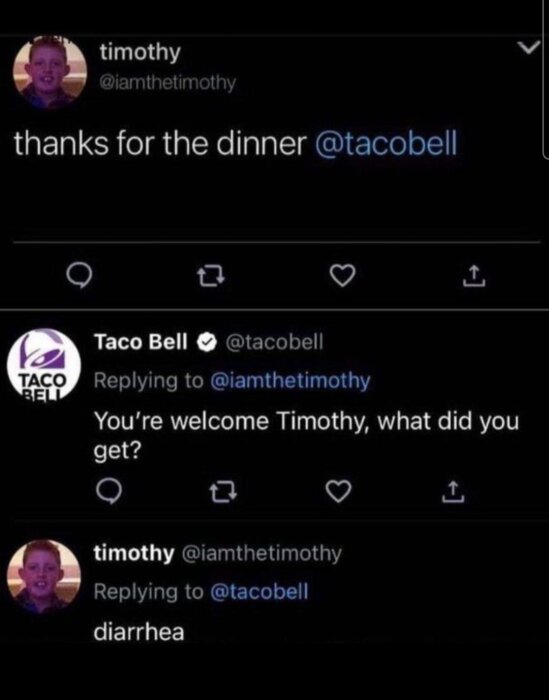 Tre skärmdumpar av Twitter-inlägg där en användare tackar Taco Bell för middag, Taco Bell frågar vad användaren åt, och användaren svarar "diarrhea".