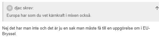 Ett inlägg på ett diskussionsforum där "djac" skriver att Europa har kärnkraft i mixen, och en annan användare svarar att det inte stämmer och måste diskuteras i EU-Bryssel.