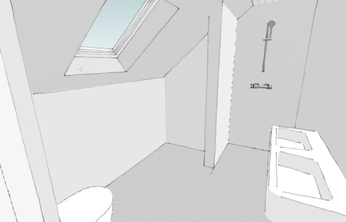Skiss över badrum med snedvägg, toalettstol till vänster, och dusch i mitten med duschhandtag monterat på väggen. Till höger syns en dubbelhandfat.