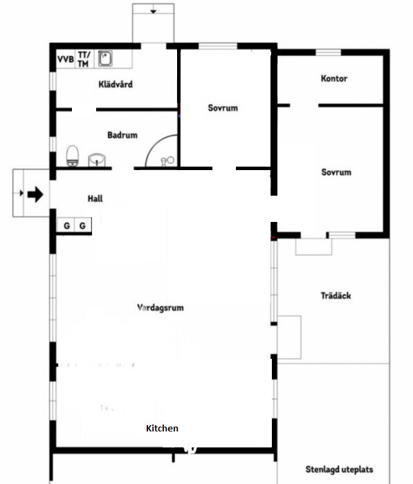 Planskiss över ett hus som visar olika rum, inklusive vardagsrum, kök, sovrum, badrum, tvättstuga, kontor, hall och utomhus utrymmen.