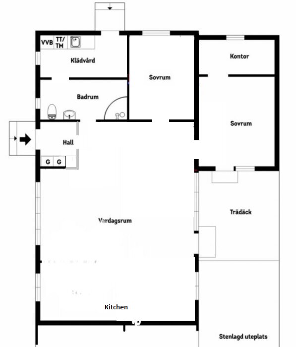 Planritning av en bostad med vardagsrum, kök, hall, två sovrum, kontor, badrum, klädvård och trädäck.
