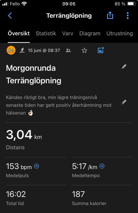 Skärmdump från en träningsapp som visar data för en terränglöpningsrunda: 3,04 km distans, 153 bpm medelpuls, 5:17 min/km medeltempo, 16:02 total tid, 187 kalorier.