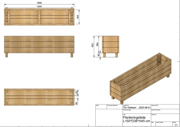 Ritning av planteringslåda i trä med måtten L150*D36*H45 cm, skapad av Tim Karlsson, med vyer från olika vinklar och detaljerade mått.
