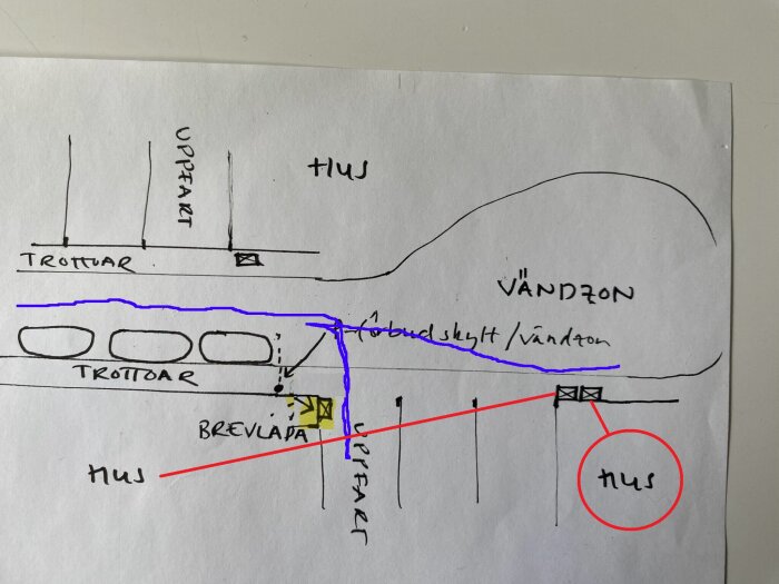 Handritad karta som visar trottoar, uppfart, hus, vändzon och placering av en brevlåda. Ett hus är inringat och markerat med en röd cirkel. Blå linjer visar gångvägar.
