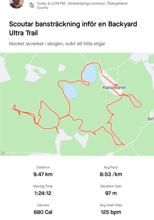 Karta och statistik från en löprunda i Klarälskarret med distans 9,47 km, medelhastighet 8:53 min/km, över 97 meters höjd, 680 kcal brända och 125 bpm puls.