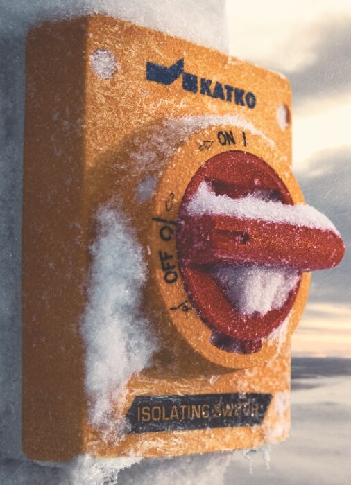 En 4-polig isoleringsbrytare för 3-fas växelström, märkt "BKATKO", täckt av snö och frost med en röd vridknapp som visar ON/OFF-lägen.