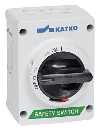 4-polig säkerhetsströmbrytare från Katko med vridreglage för av/på, märkt med "Safety Switch" i grönt.