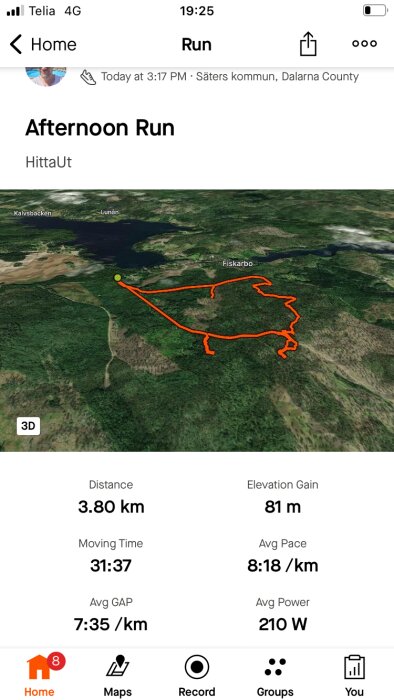 Satellitkarta som visar en löprunda på 3,80 km i Säter, Dalarna, med ruttens form markerad i orange. Löptid 31:37, snittfart 8:18/km och höjdökning 81 m.